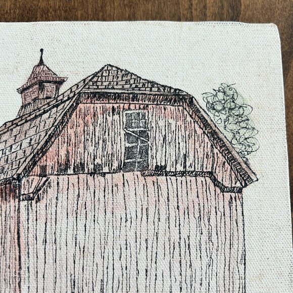 Vtg 1987 Original Ink & Watercolor Canvas Red Barn Cow Unframed Artist Signed - Picture 3 of 11